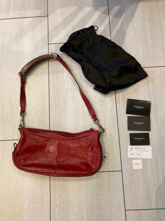 Yves Saint Laurent Handbags - Yves Saint Laurent Red Leather Shoulder Bag with Brown Antler Handle